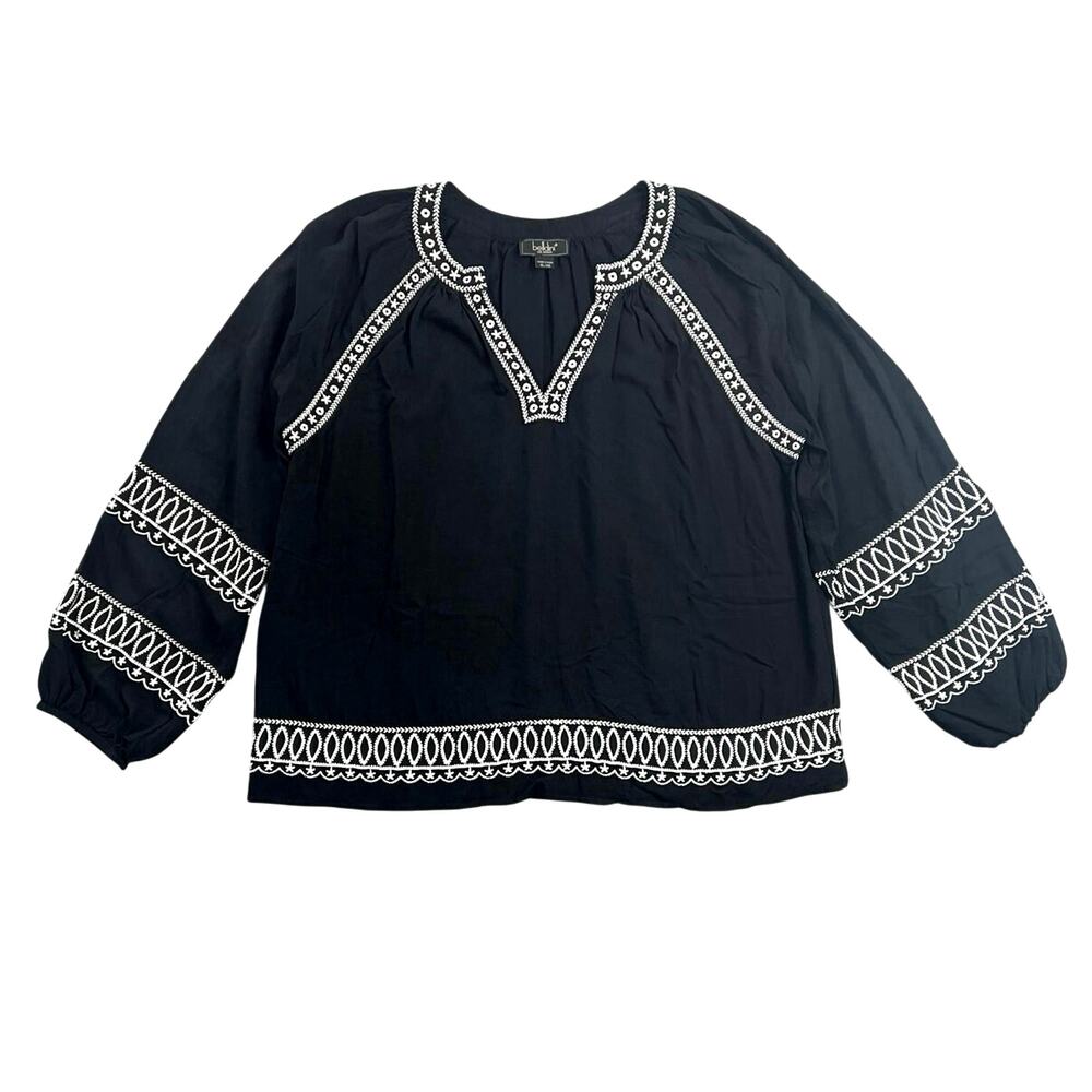 Belldini Black Label Embroidered Blouson Split-Neck Top Black White Boho - XL